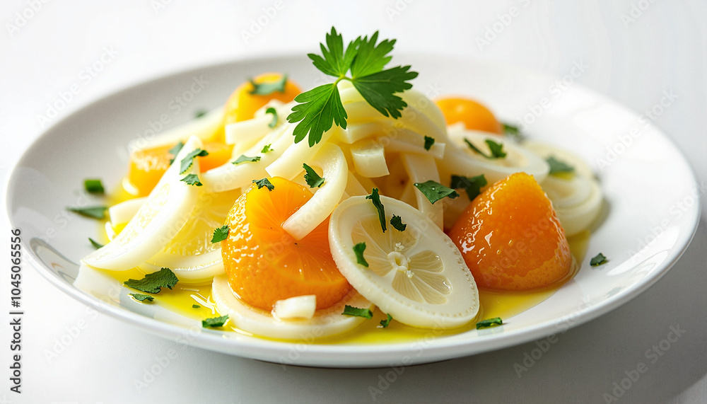 Fennel and citrus salad with parsley garnish on a white plate.