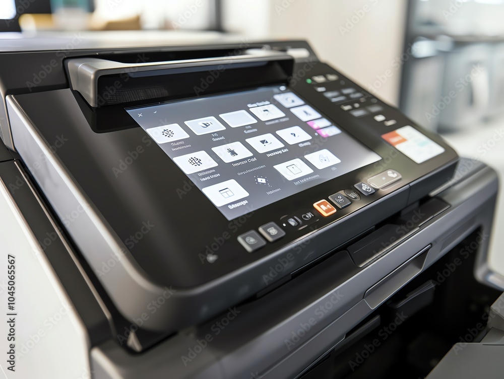 A copier with a touchscreen interface displaying options A copier with a touchscreen interface displaying options