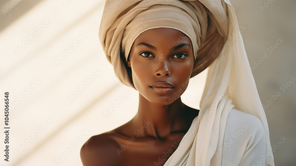 Portrait of a Beautiful African Woman in Authentic Headwrap and Minimalist Style. Black woman. Black history. African American. Elegant beauty girl Portrait of a Beautiful African Woman in Authentic Headwrap and Minimalist Style. Black woman. Black history. African American. Elegant beauty girl