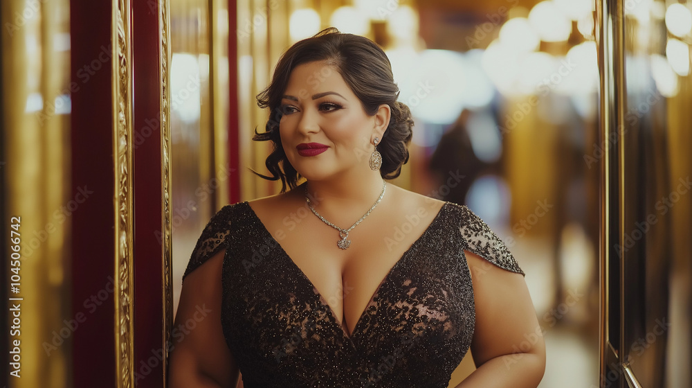 Plus-size woman in glamorous black lace gown with statement jewelry posing in luxurious hallway with warm lighting Plus-size woman in glamorous black lace gown with statement jewelry posing in luxurious hallway with warm lighting