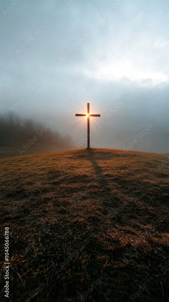 Obraz premium Frühlingserneuerung: beleuchtetes christliches Kreuz in nebliger Landschaft für inspirierendes Design