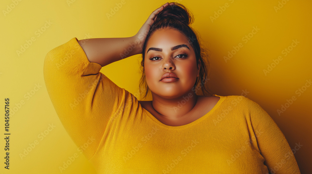 Fototapeta premium Confident plus-size woman in yellow top posing against vibrant yellow background with hand on head