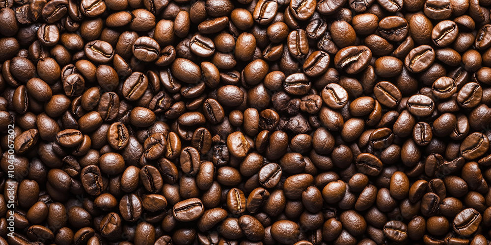 Fototapeta premium Top view of roasted coffee beans. Space for text.