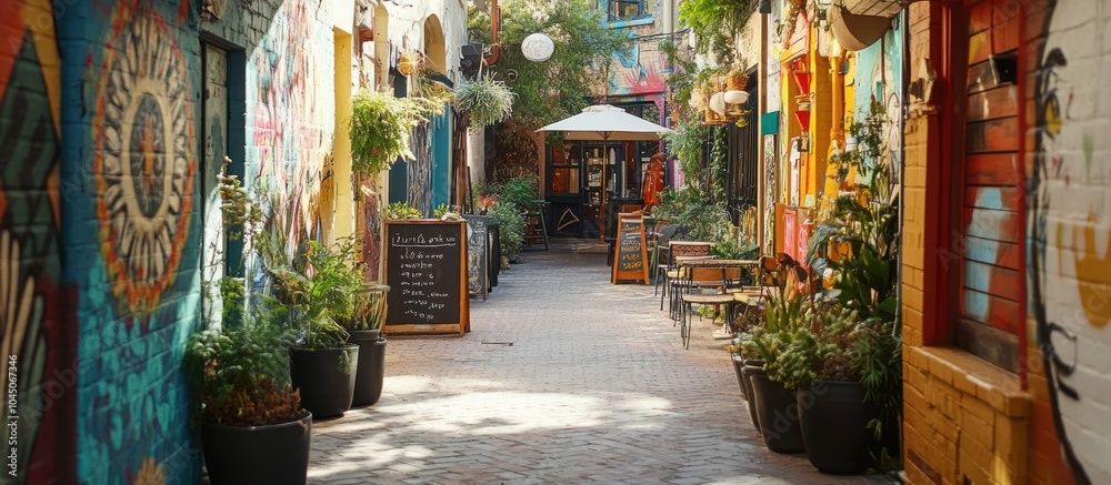 Obraz premium Narrow alleyway with colorful graffiti art, plants, and outdoor seating.
