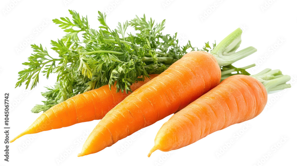 Freshly harvested carrots with vibrant green tops on a clean white background in daylight Freshly harvested carrots with vibrant green tops on a clean white background in daylight