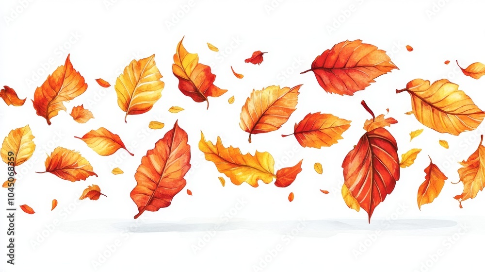 Whimsical Watercolor Autumn Leaves Swirling in the Wind - Vibrant Foliage in Orange, Yellow, and Red Isolated on White Background Whimsical Watercolor Autumn Leaves Swirling in the Wind - Vibrant Foliage in Orange, Yellow, and Red Isolated on White Background