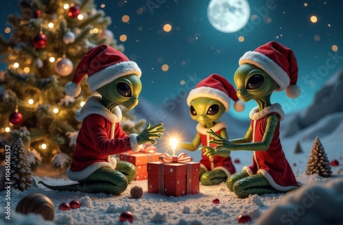 Three cute aliens in Santa hats and red scarves gather around a glowing Christmas gift in the snow, with a decorated tree and the full moon in the background. The image combines holiday spirit with a 