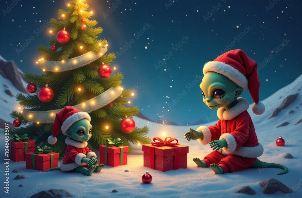 Two adorable aliens in Santa outfits sit in the snow, exchanging gifts under a beautifully decorated Christmas tree with glowing lights and ornaments. The scene blends holiday cheer with a playful ext Two adorable aliens in Santa outfits sit in the snow, exchanging gifts under a beautifully decorated Christmas tree with glowing lights and ornaments. The scene blends holiday cheer with a playful ext