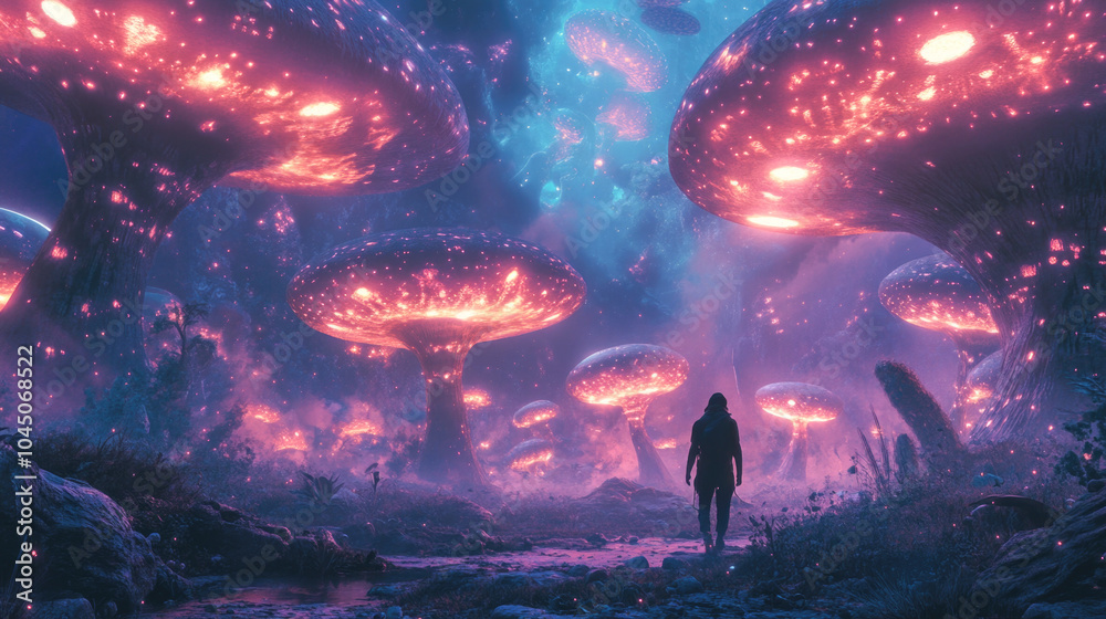Enchanted forest with glowing mushrooms and mysterious silhouette wanderer at night