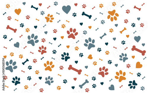 Papier-peint de motifs autour de l'amour des chiens - Illustration de silhouettes de pattes de chiens, de coeurs et d'os - Couleur vives et positives - Arrière-plan autour des animaux domestiques