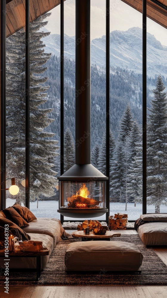 A cozy living room with a fireplace and a view of the mountains A cozy living room with a fireplace and a view of the mountains