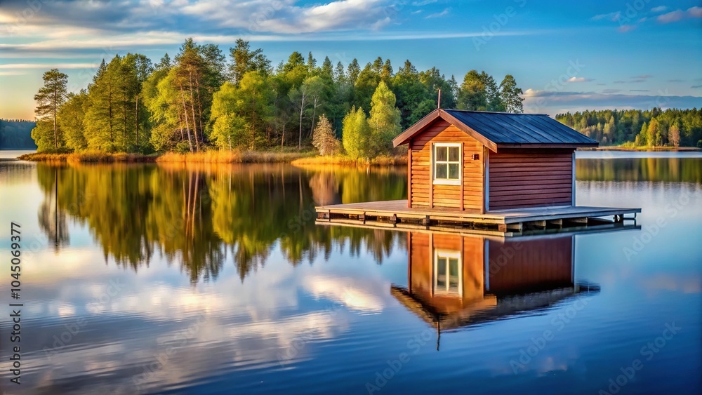 Fototapeta premium small wooden cabin on lake in Swedish countryside