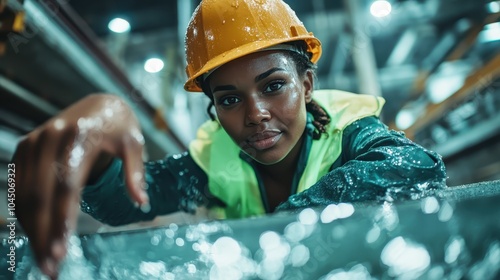 A determined construction worker in a bright vest and hard hat stands in a reflective environment, with glistening water surrounding her, embodying perseverance and focus. photo