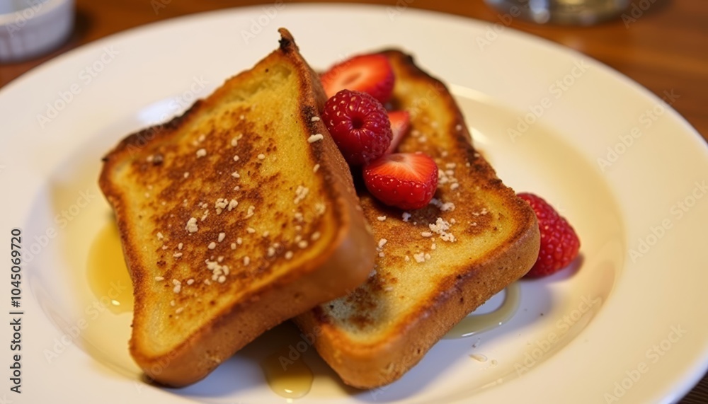 Delicious French toast with fresh strawberries and maple syrup Delicious French toast with fresh strawberries and maple syrup