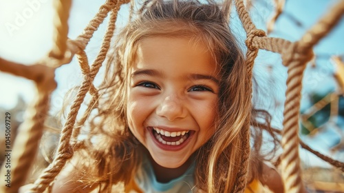 A cheerful child with a bright smile peers through a playful rope maze at a sunny park, embodying the pure joy and freedom of playful exploration and childhood fun. photo