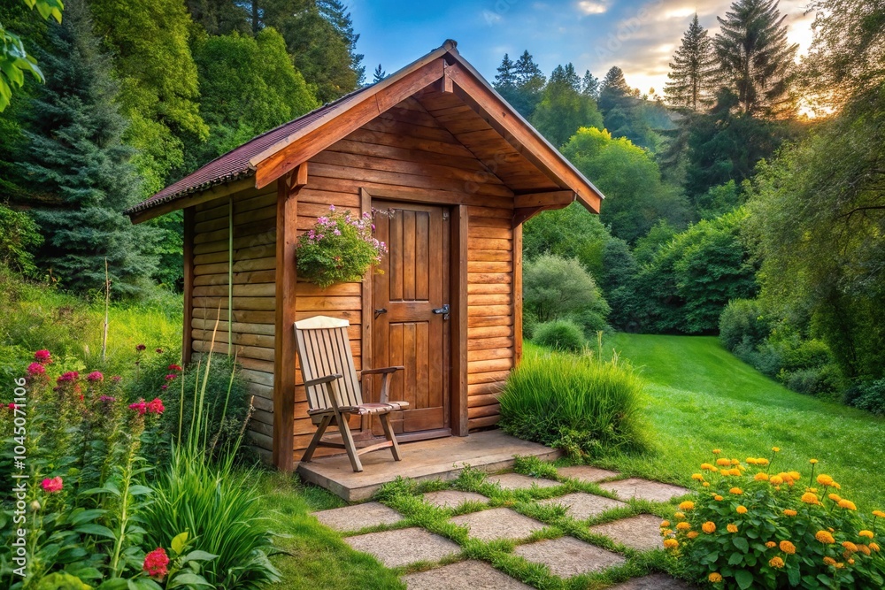 Small wooden hut in garden with chair Small wooden hut in garden with chair