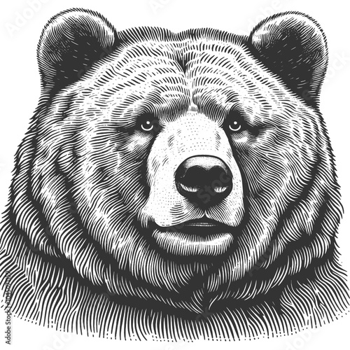 happy bear face, showcasing a friendly expression and intricate fur details sketch engraving generative ai vector illustration. Scratch board imitation. Black and white image.