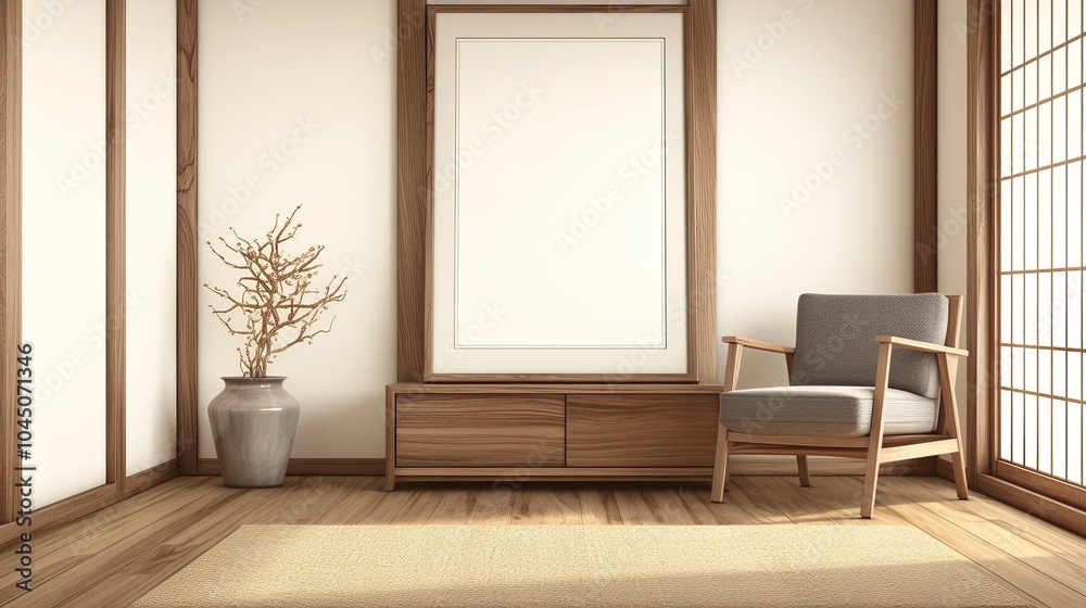 A cozy minimalist room features an armchair, wooden cabinet, and vase in warm natural light, creating a serene and inviting atmosphere for relaxation. A cozy minimalist room features an armchair, wooden cabinet, and vase in warm natural light, creating a serene and inviting atmosphere for relaxation.