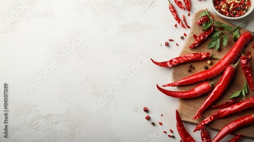 Vibrant red chili peppers, along with green parsley, artfully arranged on a wooden cutting board, showcasing freshness and culinary inspiration in a bright kitchen setting. photo