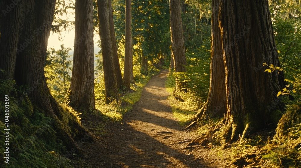 Obraz premium Serene Forest Pathway Through Tall Trees