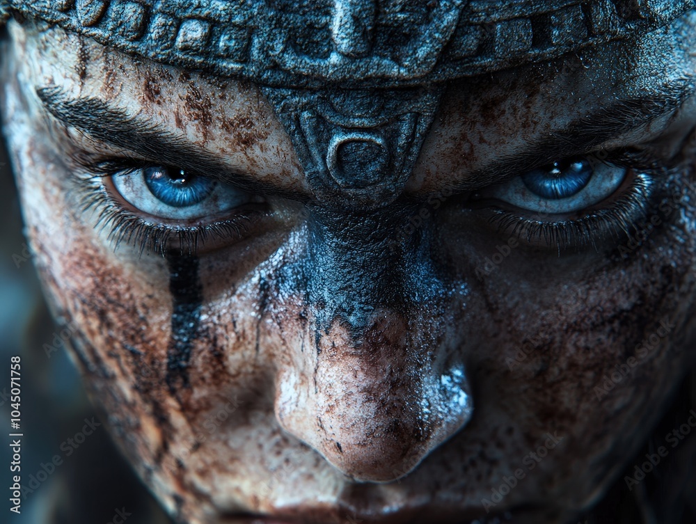 A close-up shot of a fierce warrior with intense blue eyes and dirt-smeared face, wearing a tribal headdress, exuding strength and determination. A close-up shot of a fierce warrior with intense blue eyes and dirt-smeared face, wearing a tribal headdress, exuding strength and determination.