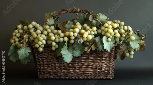 Rustic basket laden with an array of verdant grapes, meticulously arranged and adorned with a smattering of scattered clusters, showcasing their vibrant hue and pristine freshness.  photo