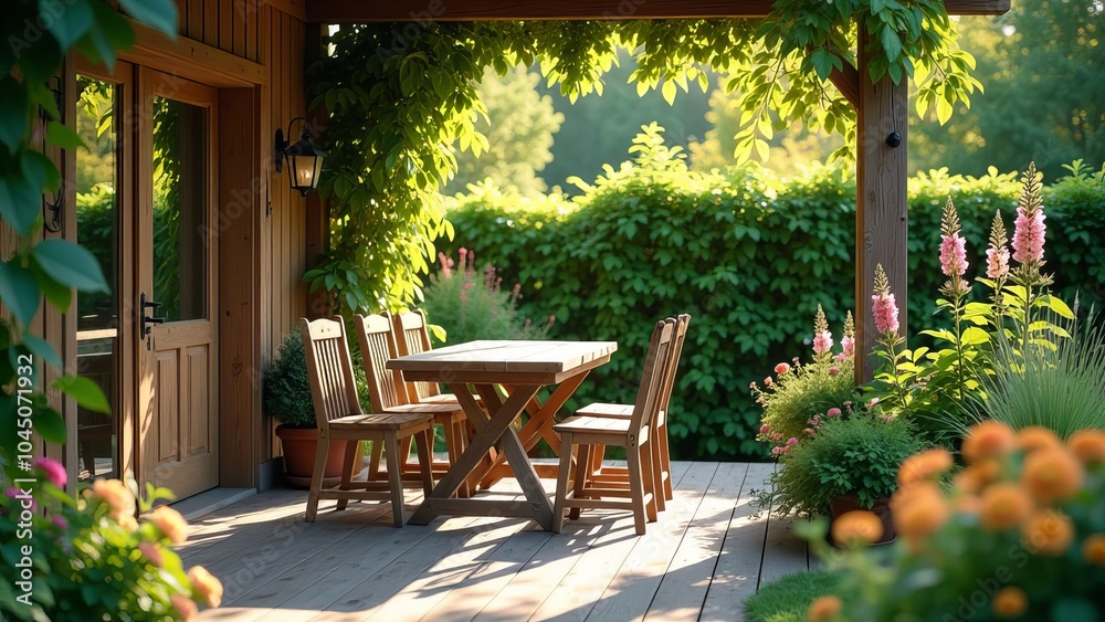 Obraz premium A patio with a wooden table and chairs, surrounded by flowers and plants