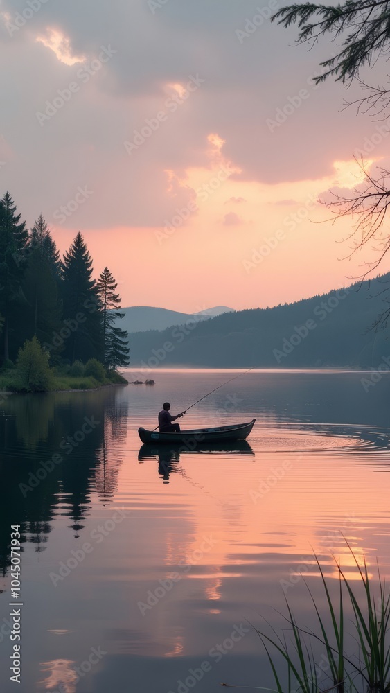 A man is fishing in a lake with a beautiful sunset in the background A man is fishing in a lake with a beautiful sunset in the background