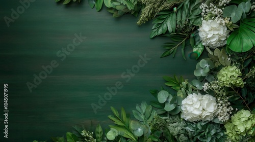 A composition of white flowers and vibrant green leaves beautifully arranged on a rich, textured background, evoking elegance, serenity, and harmony. photo