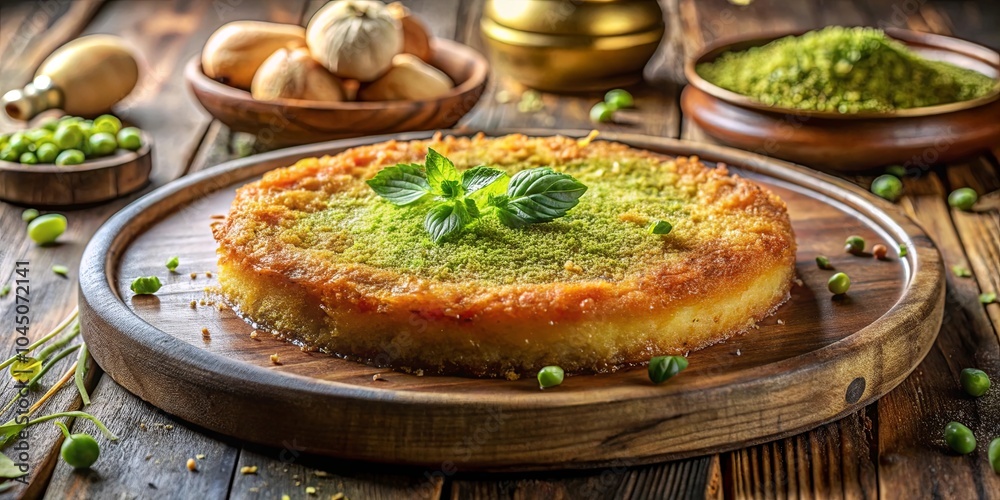 A golden-brown baked dish topped with a vibrant green herb garnish, resting on a wooden surface surrounded by scattered peas A golden-brown baked dish topped with a vibrant green herb garnish, resting on a wooden surface surrounded by scattered peas