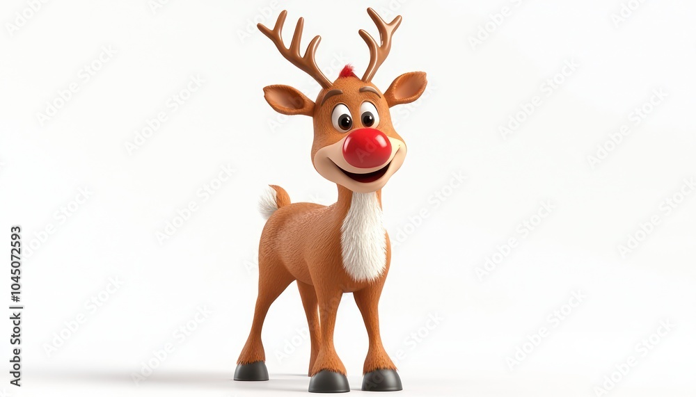 Isolated 3D depiction of Rudolph the red-nosed reindeer on a white setting. Isolated 3D depiction of Rudolph the red-nosed reindeer on a white setting.
