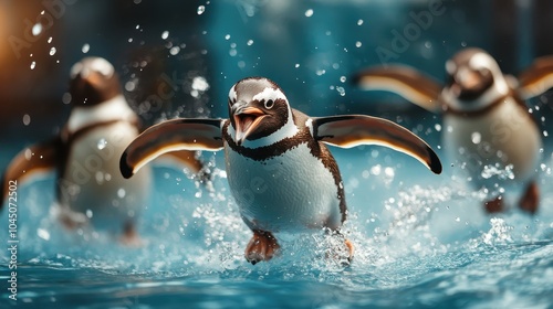 Energetic penguins enthusiastically diving in a bright blue pool, showing camaraderie and excitement in their lively splashes and synchronized movements. photo