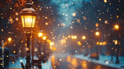 snowy city street on Christmas Eve, blurred lights abstract background