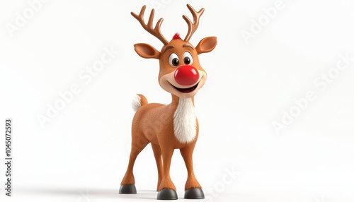 Isolated 3D depiction of Rudolph the red-nosed reindeer on a white setting.