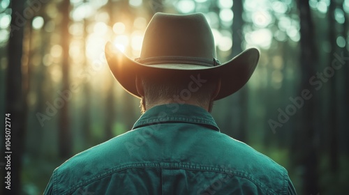 A man in a wide-brimmed hat stands in the forest with a setting sun casting a warm glow, capturing a timeless moment of solitude and exploration. photo