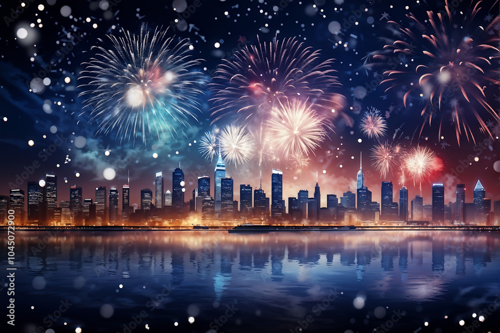 Obraz premium Fireworks are lively in the city on New Year's