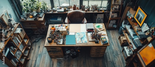 Top view of a cluttered office desk with a leather chair and an empty window behind it.