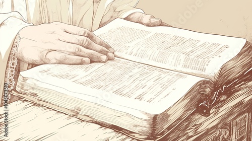 Illustrated hands carefully holding an open book rich with text atop a rustic wooden table, illustrating the act of reading and the pursuit of knowledge. photo