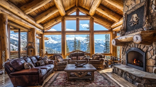 Cozy Log Cabin Living Room with Mountain View