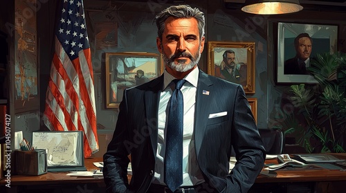 A distinguished man in a suit, with a steely gaze and beard, stands in his office surrounded by framed portraits, symbolizing ambition, leadership, and legacy.
