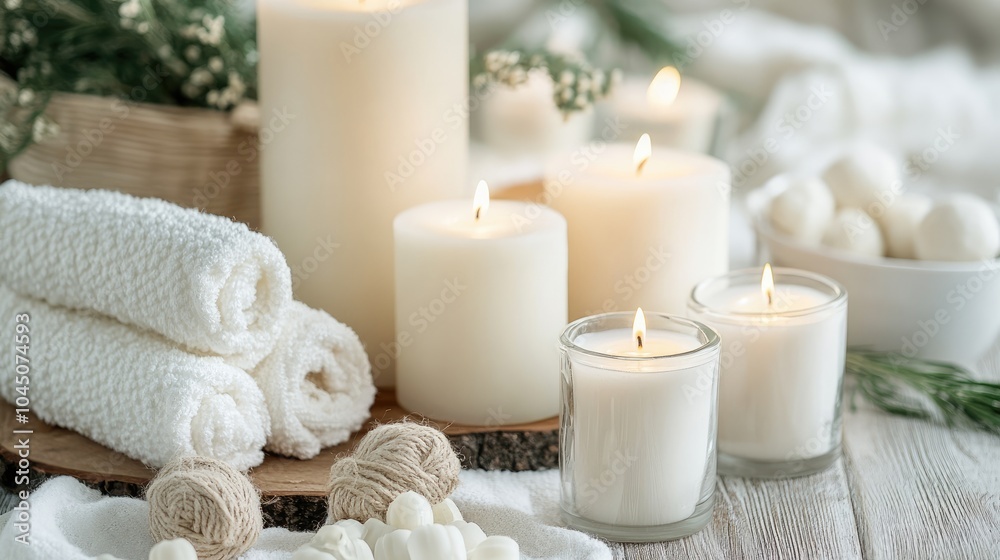 Tranquil Spa Setup with Candles and Towels Tranquil Spa Setup with Candles and Towels