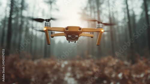 A colorful drone captured mid-air within a serene forest setting, blending the vibrancy of modern flight technology with the calmness of natural landscapes seamlessly. photo