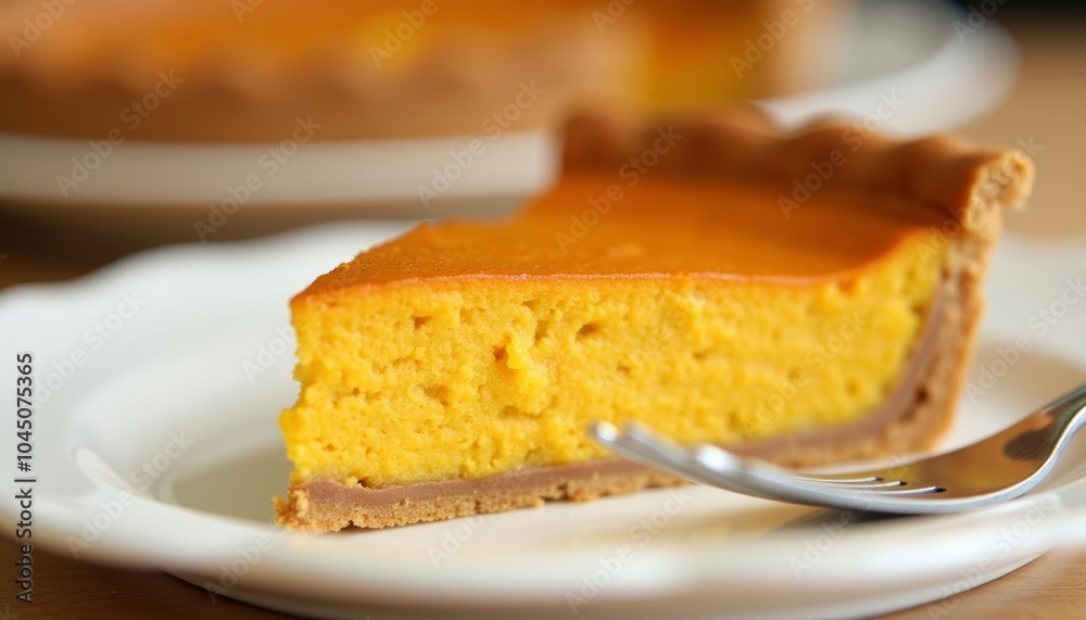 Delicious slice of pumpkin pie ready to be savored Delicious slice of pumpkin pie ready to be savored