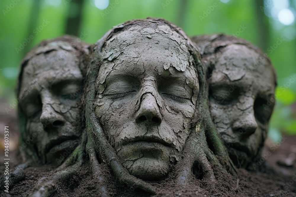 Three human faces artistically blend with the earth, covered in textured bark-like patterns, evoking themes of nature, growth, and the cycle of life. Three human faces artistically blend with the earth, covered in textured bark-like patterns, evoking themes of nature, growth, and the cycle of life.