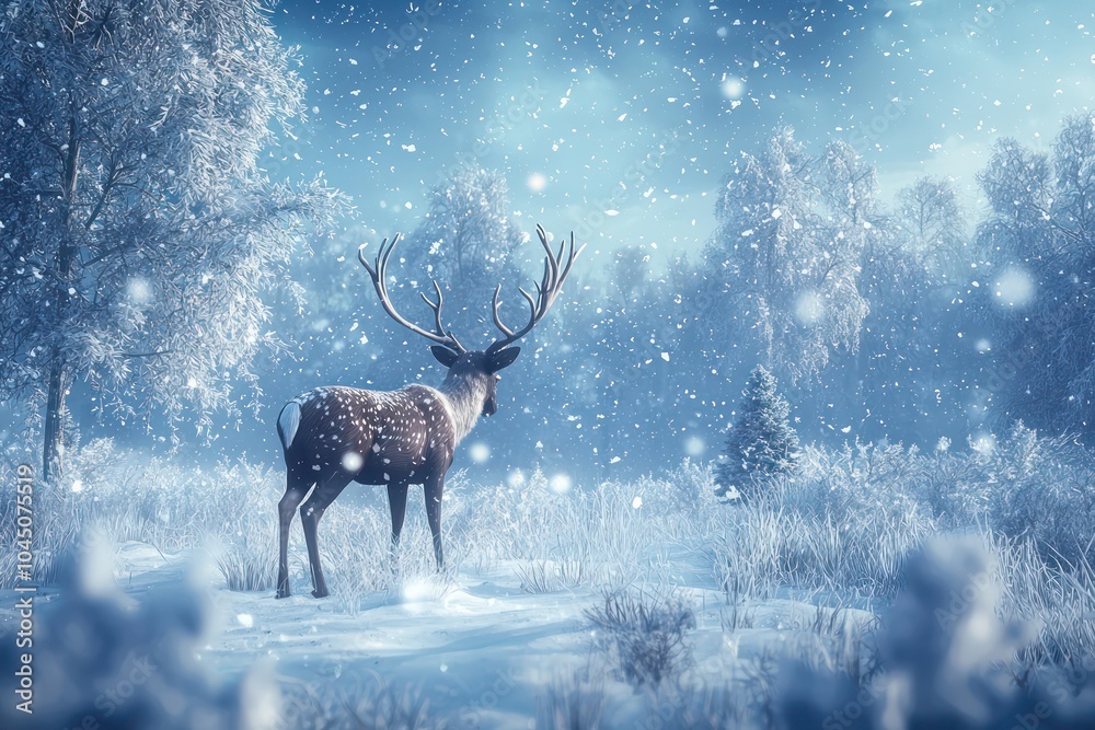 Snow falling gently on a reindeer set in a tranquil winter landscape. Snow falling gently on a reindeer set in a tranquil winter landscape.