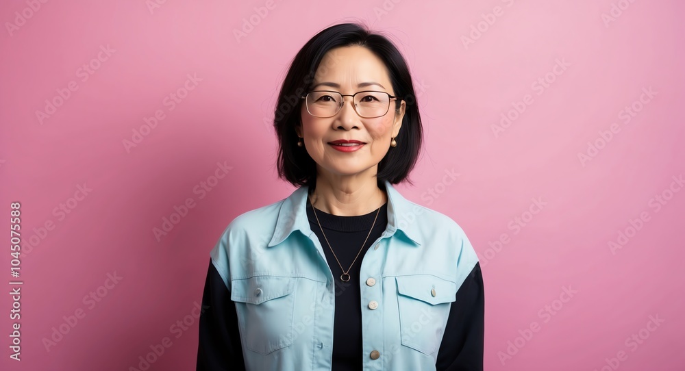 east asian mature woman nerd casual bright background wearing fashion portrait east asian mature woman nerd casual bright background wearing fashion portrait