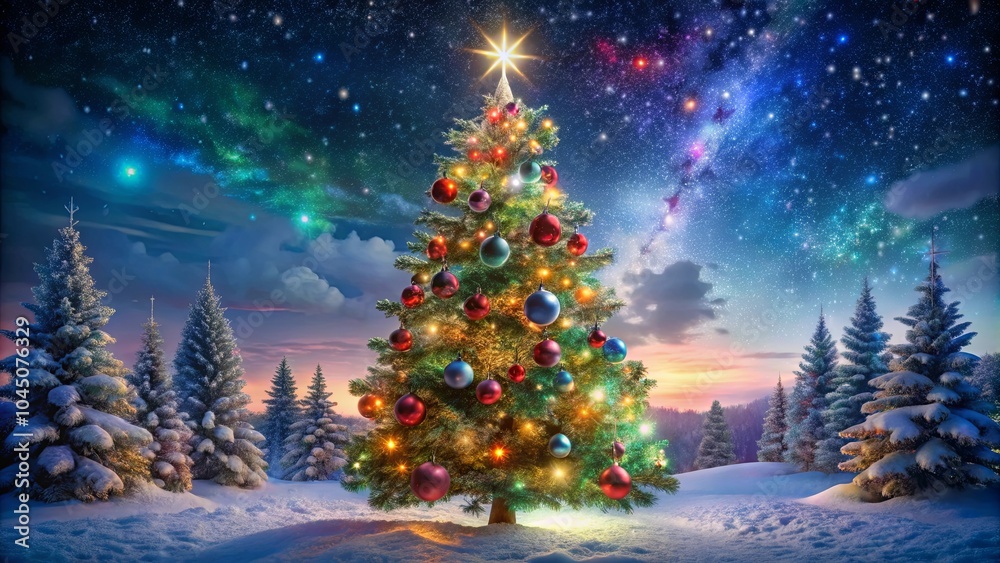 A Majestic Christmas Tree Adorned with Lights and Ornaments Stands Tall Against a Snowy Landscape Under a Starry Sky A Majestic Christmas Tree Adorned with Lights and Ornaments Stands Tall Against a Snowy Landscape Under a Starry Sky