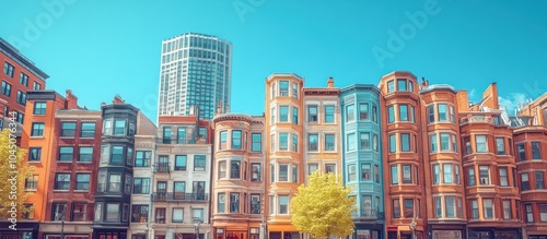 Colorful row of townhouses with a tall building in the background.