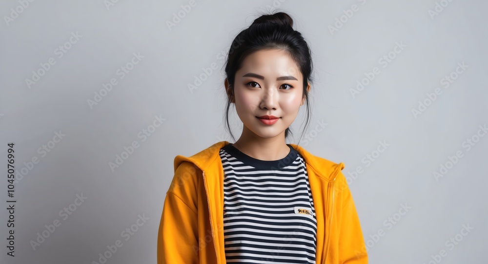 east asian young woman nerd casual bright background wearing fashion portrait east asian young woman nerd casual bright background wearing fashion portrait