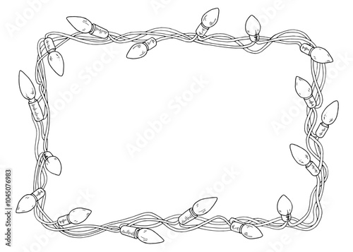 Christmas light garland frame border with festive bulbs. Hand drawn vector black illustration on white background. Ideal for holiday cards and printable coloring pages. Classic xmas decor design